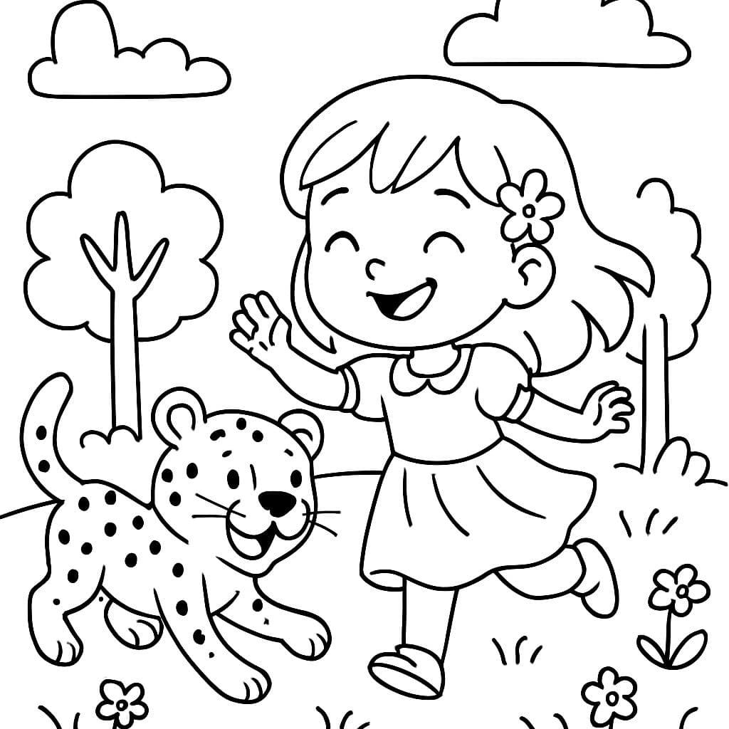 Uma menina de 5 anos vestindo um vestido bonito brincando com um guepardo.