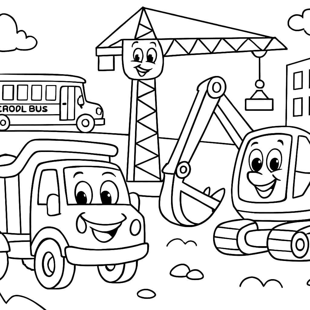 Un camion-benne, une grue et une excavatrice sur un chantier, alors qu'un bus scolaire passe.