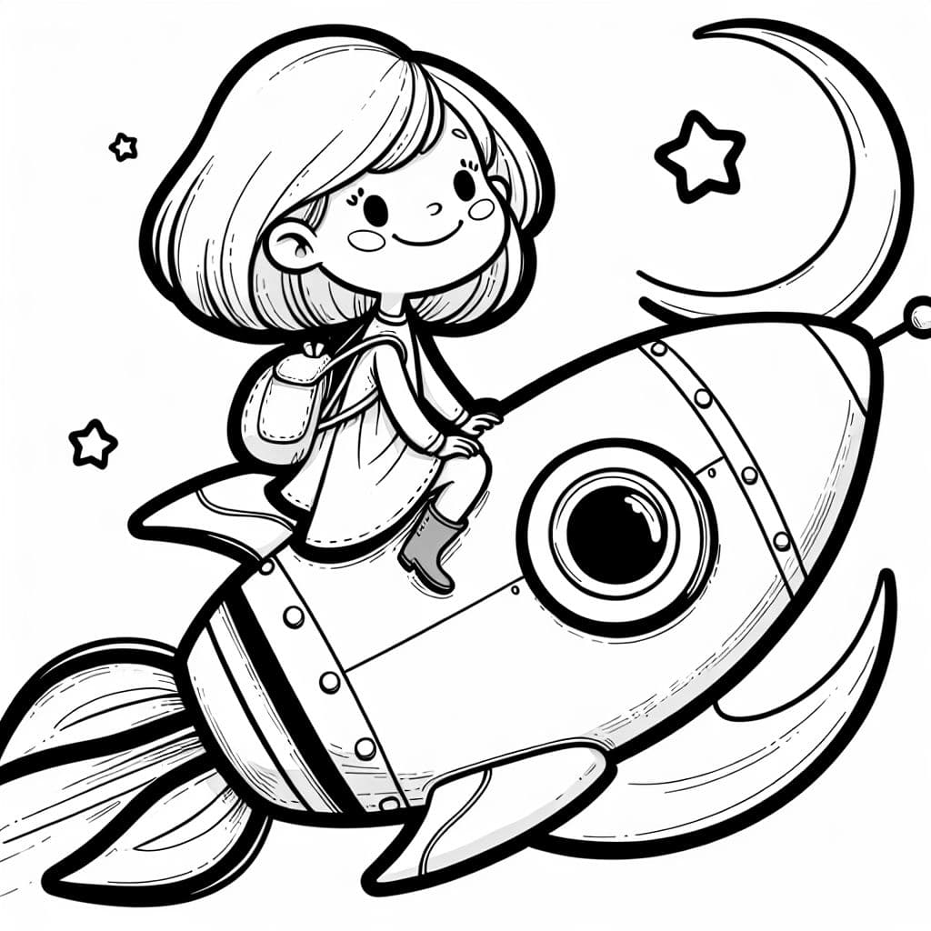 Una niña montando afuera de un cohete pasando por la luna.