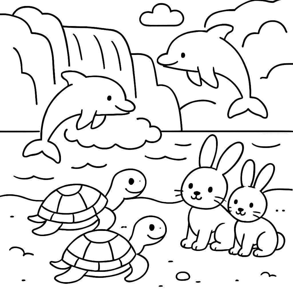 Una cascada en el fondo hacia una playa con delfines saltando fuera del océano, tortugas en la playa y conejitos.