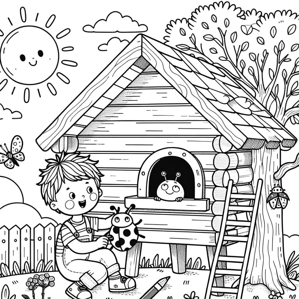 Garçon de 4 ans et coccinelle dans sa cabane dans l'arbre