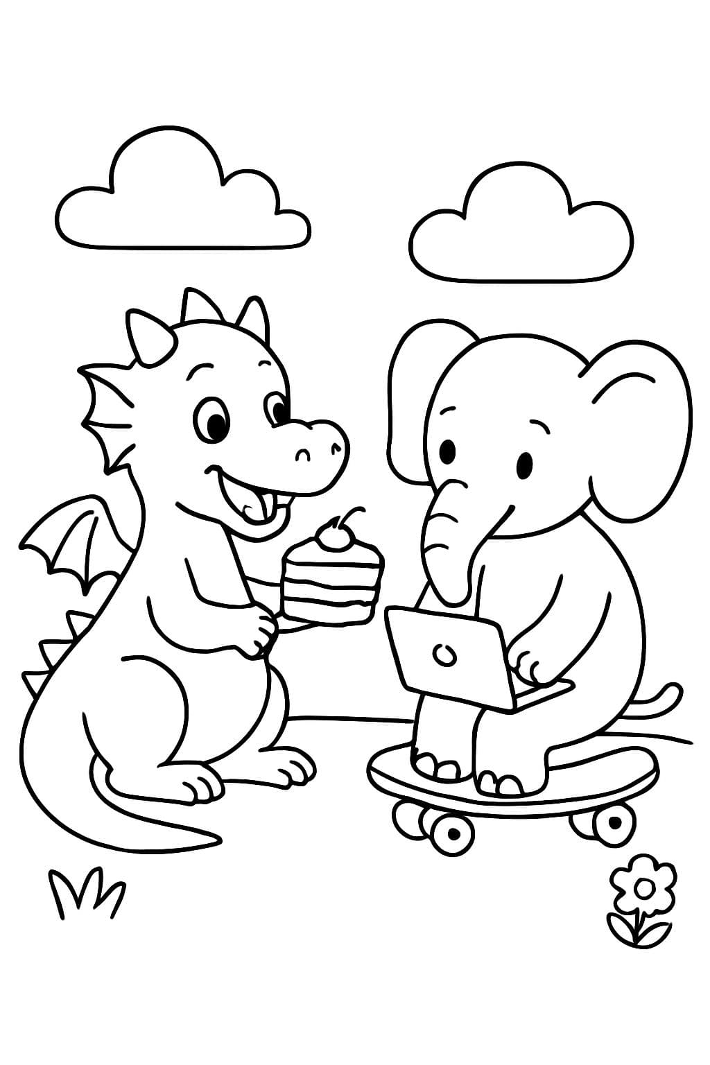 ein Drache, der einen Kuchen isst, während ein Elefant auf einem Skateboard tippt