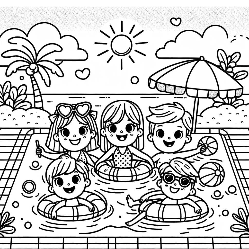 dibujo para colorear con Patte, Katha, Leonie, Philipp en la piscina