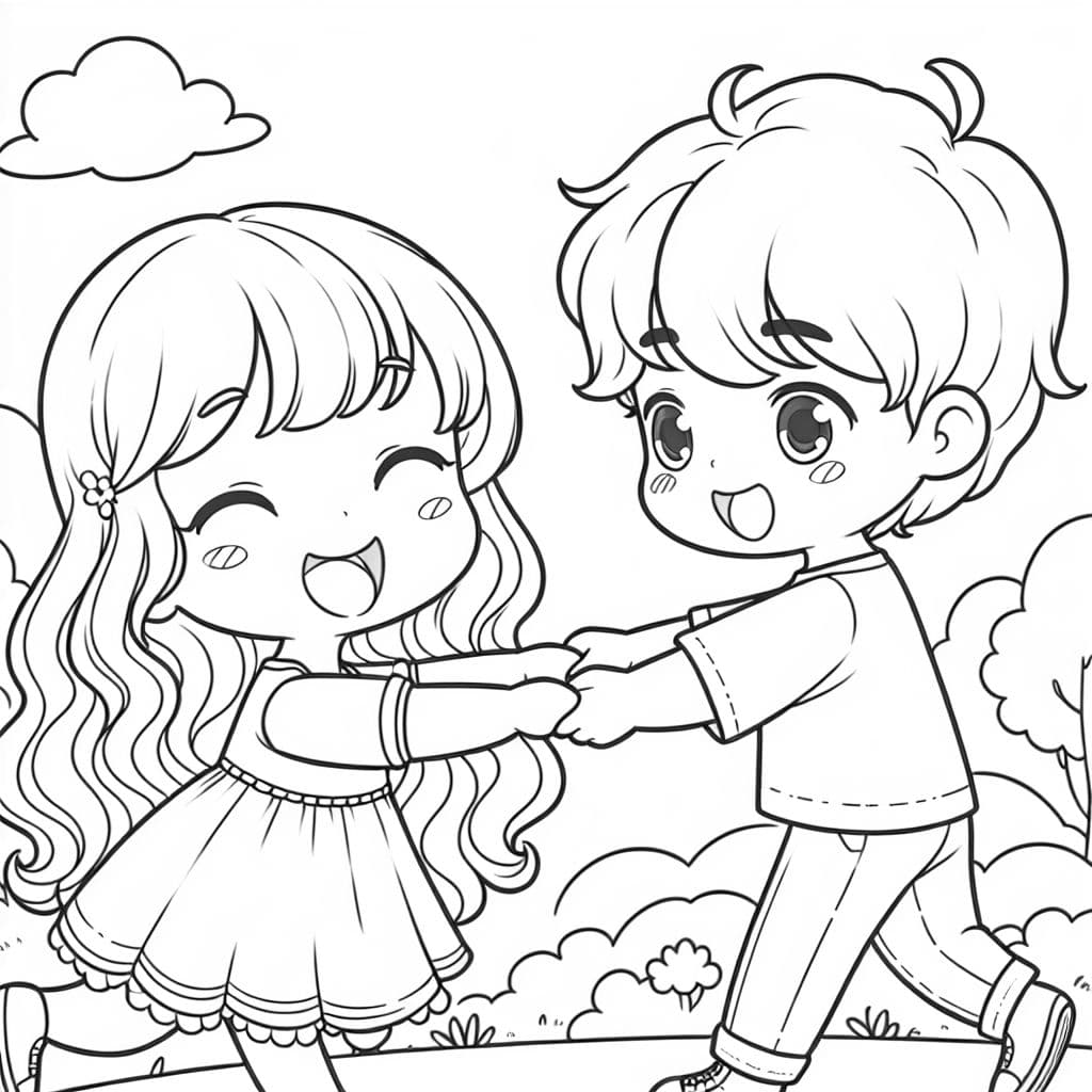 a girl with long hair and bangs holding hands with a guy with short curly hair that covers his forehead