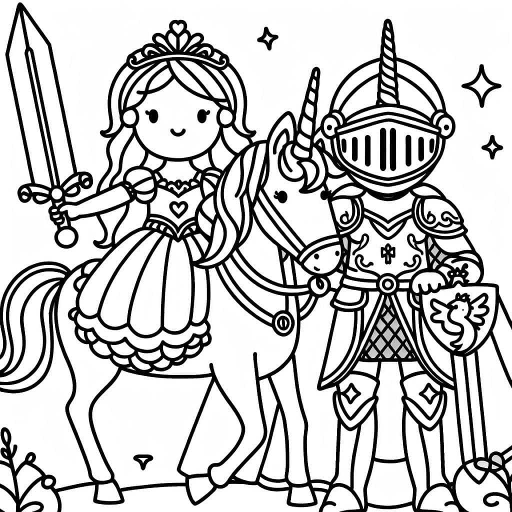 una princesa en un unicornio con una espada de caballero