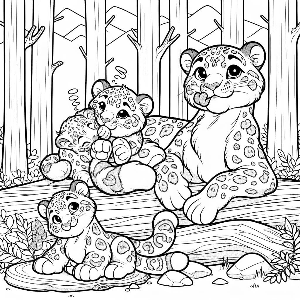 Família de leopardos das neves na floresta. O pai está lambendo sua pata. O bebê está dormindo. A filha mais velha está sentada quieta no chão. A mãe está deitada em um galho grosso.