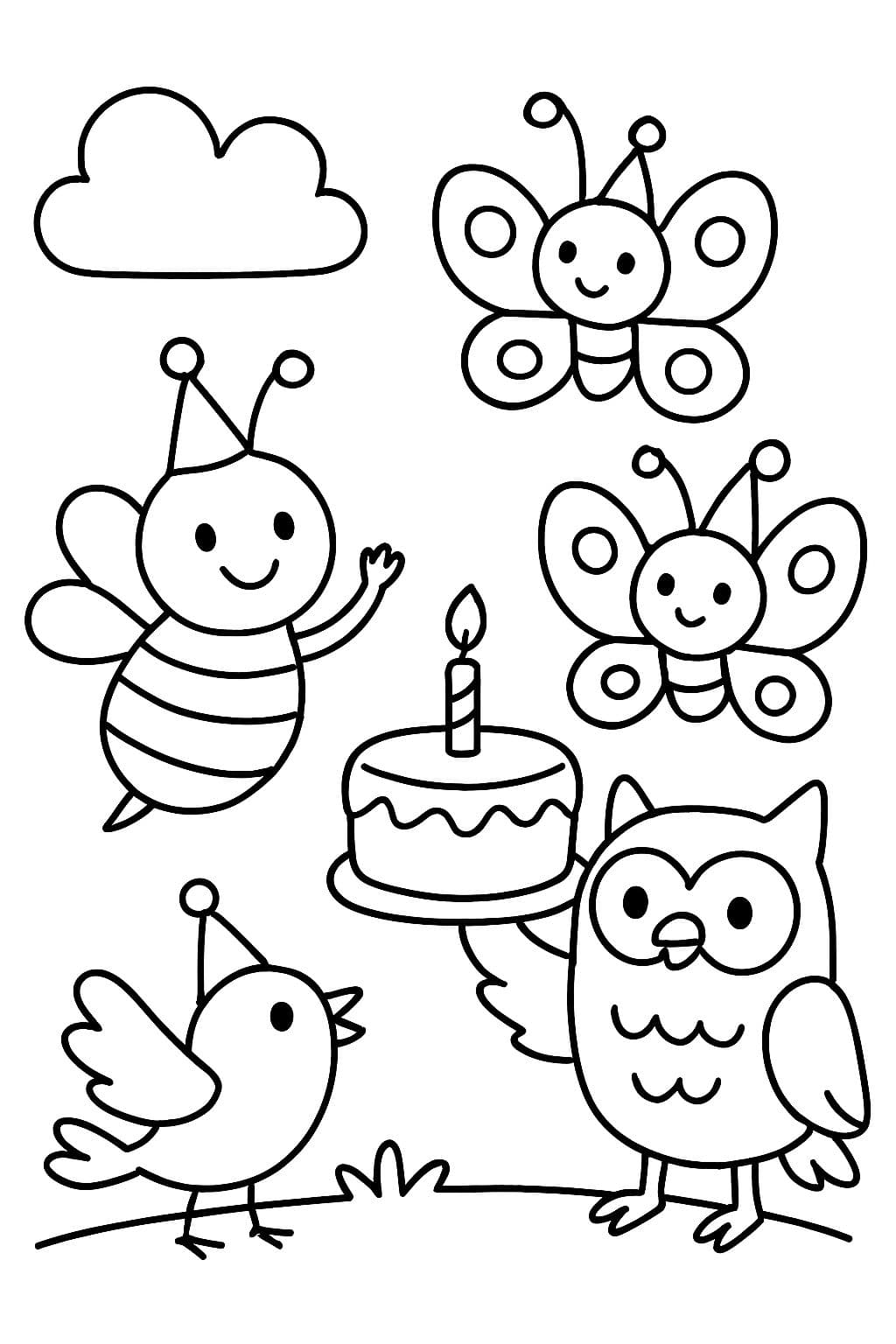 Une abeille, deux papillons, un hibou et un oiseau célébrant un anniversaire