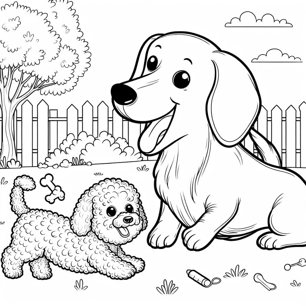 Un dachshund y un bichón frisé jugando afuera felices.