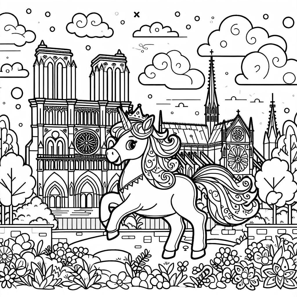 Licorne Notre Dame, une belle page de coloriage avec une licorne magique devant la célèbre cathédrale Notre Dame.