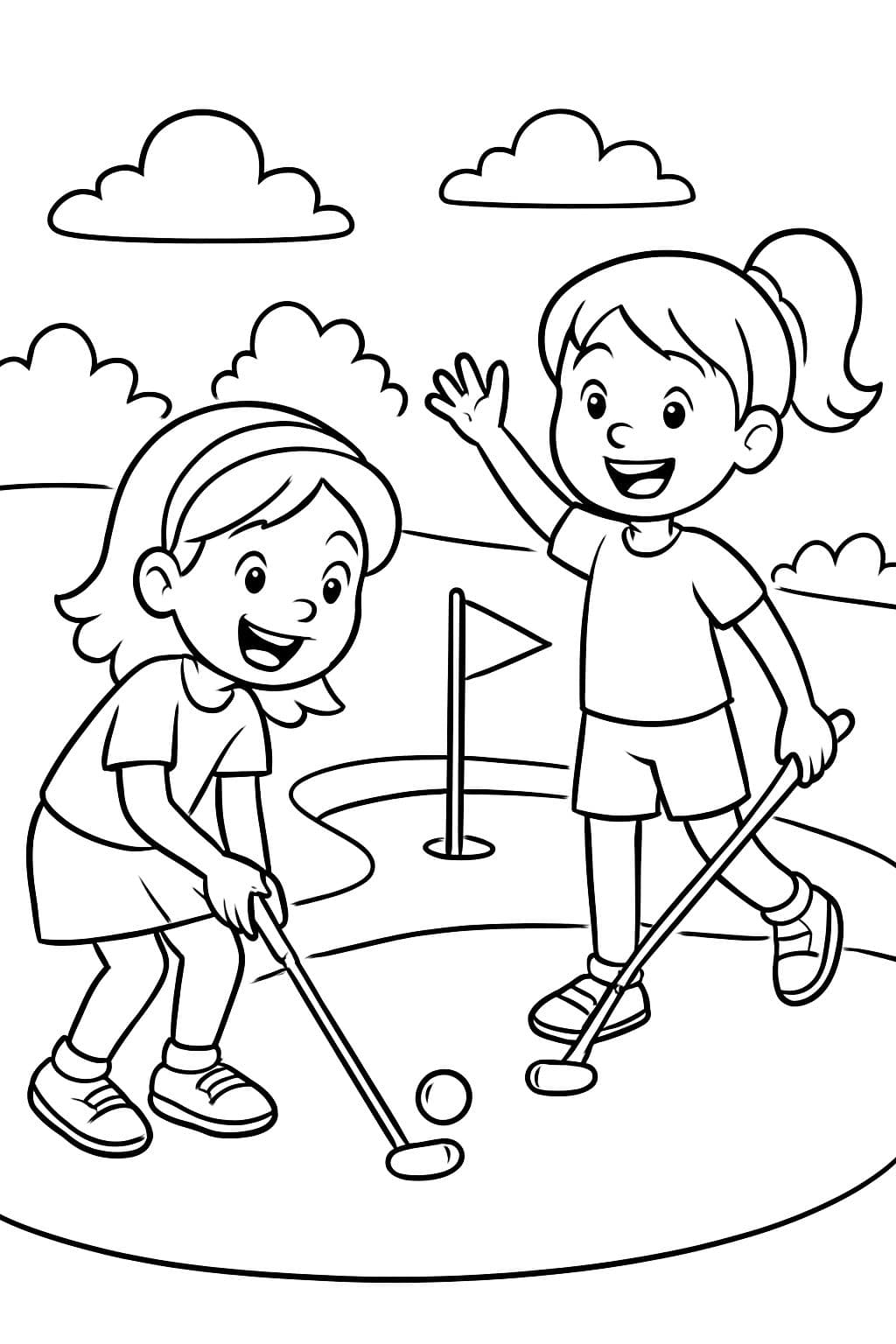 Dos chicas jugando al minigolf, pocos detalles