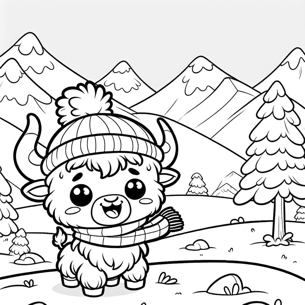 pequeño yak con gorro y bufanda en las montañas nevadas