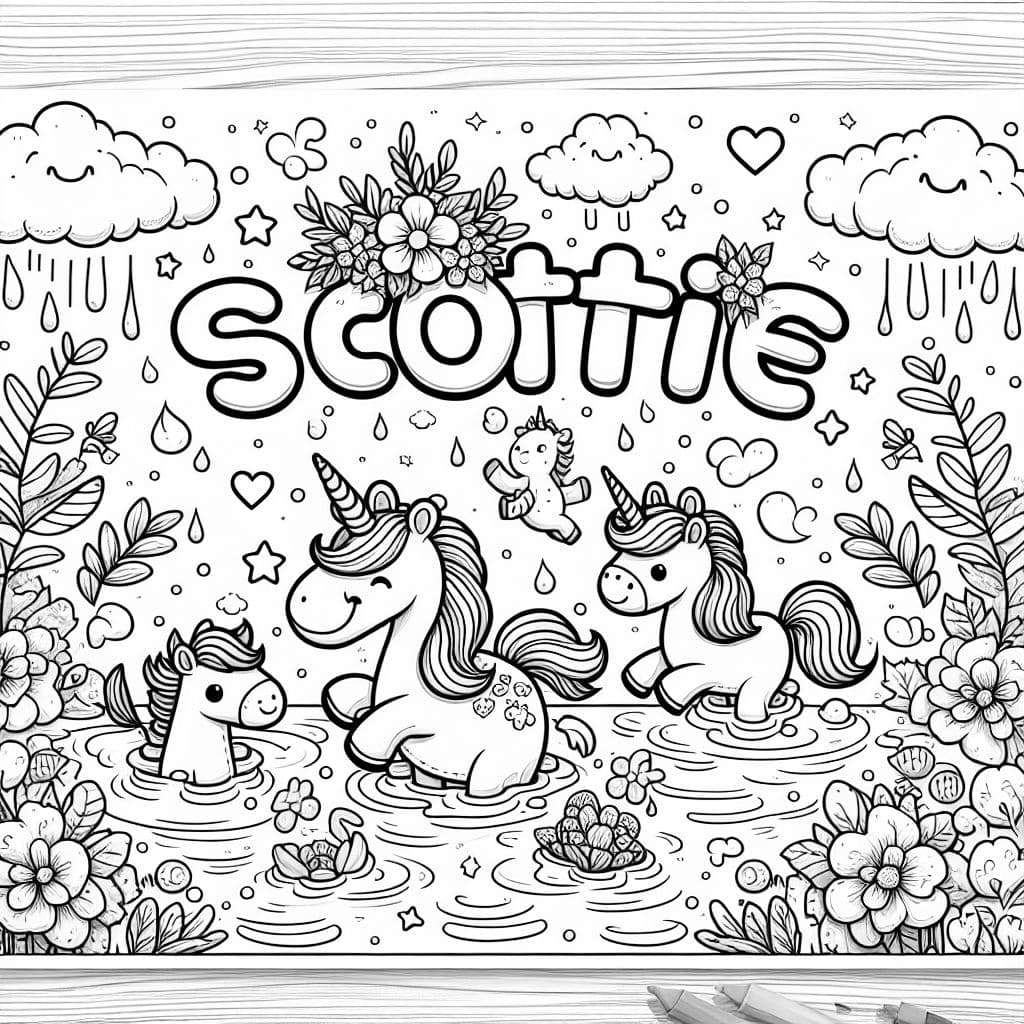der Name Scottie mit Einhörnern, Blumen und Schwimmen