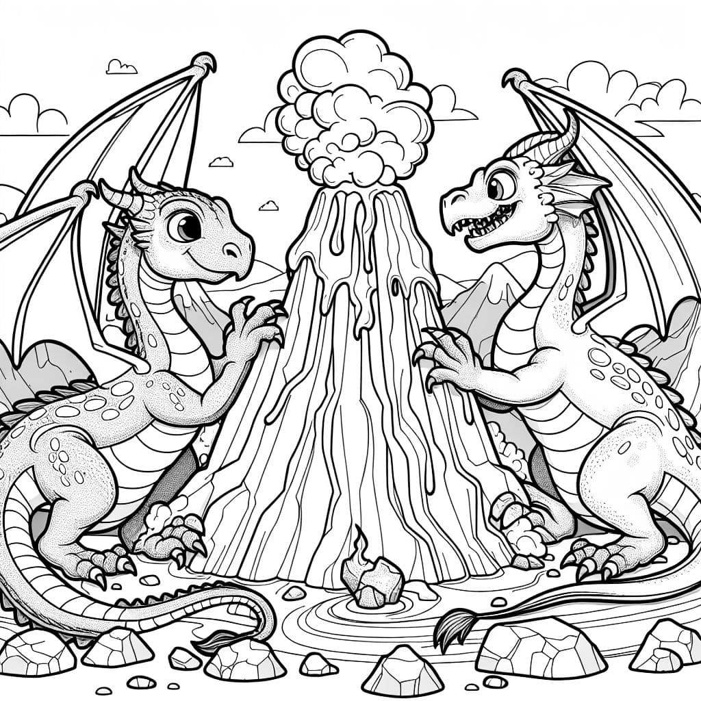 Dragones tratando de detener rocas de lava de un volcán.