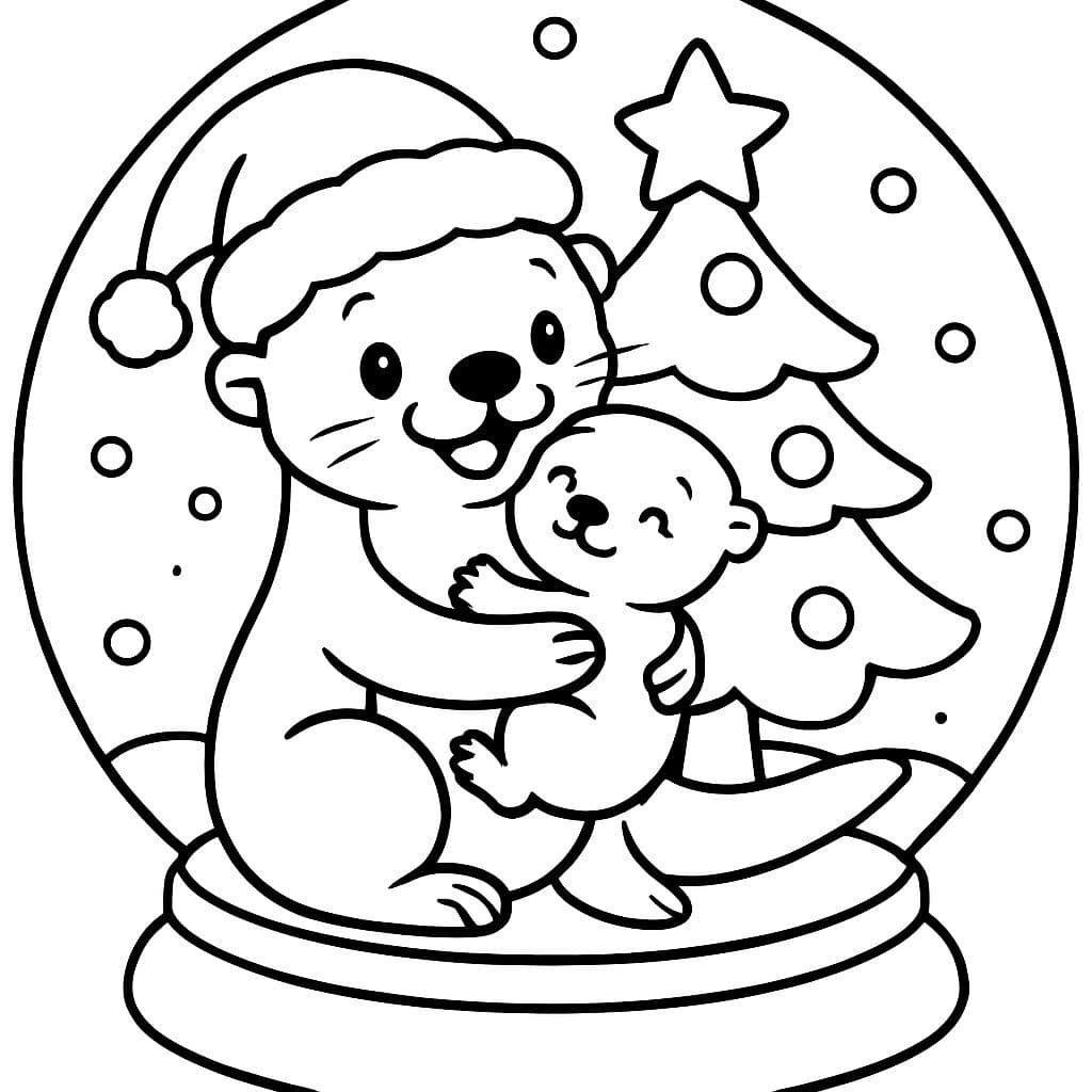 un loutre avec un bébé et un chapeau de Noël et un arbre de Noël dans une boule à neige.