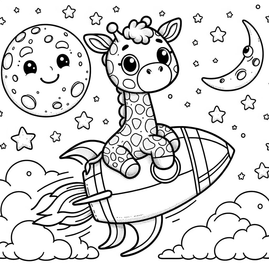 Eine Giraffe, die auf einer Rakete sitzt und zum Mond fliegt