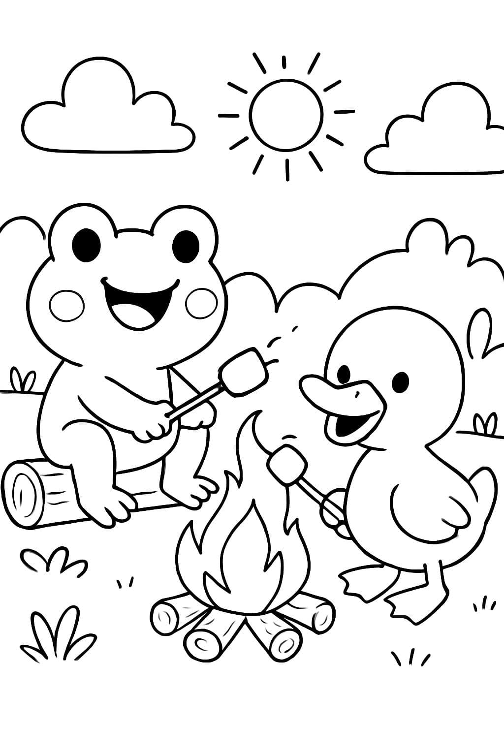 Une grenouille mignonne faisant griller des marshmallows avec un adorable ami canard.