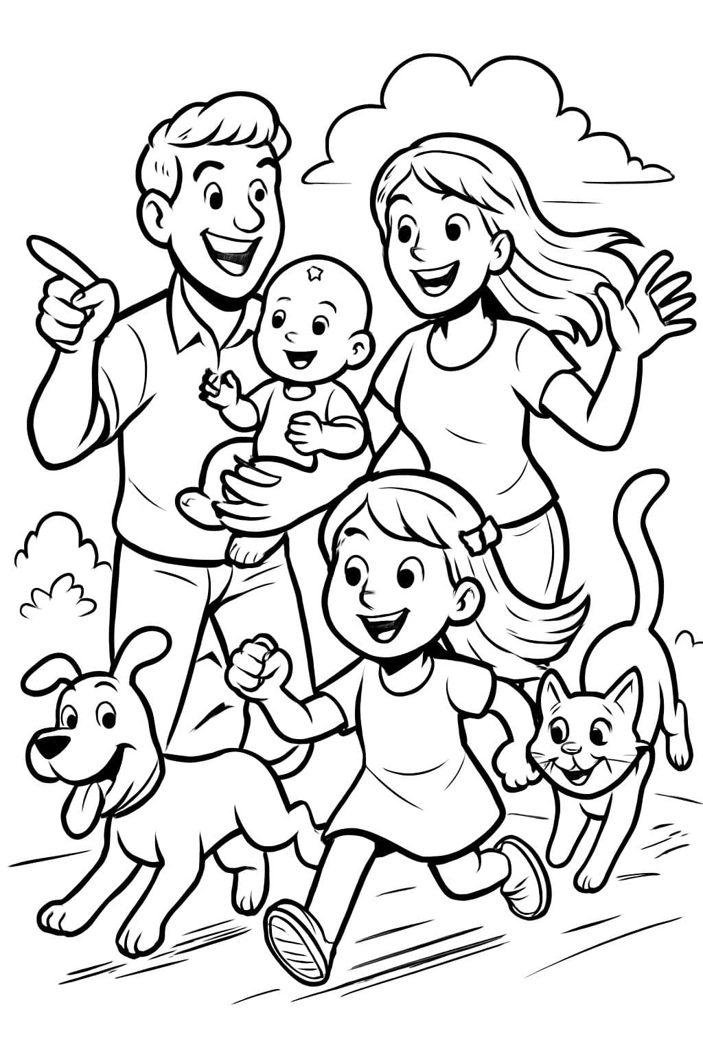 Familie von Papa, Mama, Baby, Mädchen, Hund und Katze