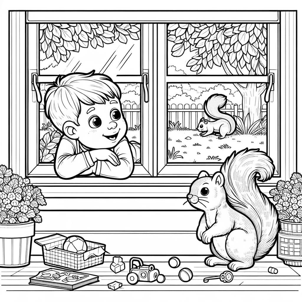 Ein junger Junge schaut durch ein großes Fenster auf ein Eichhörnchen, das draußen spielt.