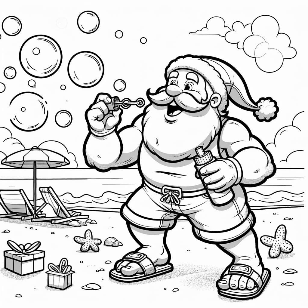 Santa trägt Sandalen und ein Tanktop und bläst Seifenblasen.