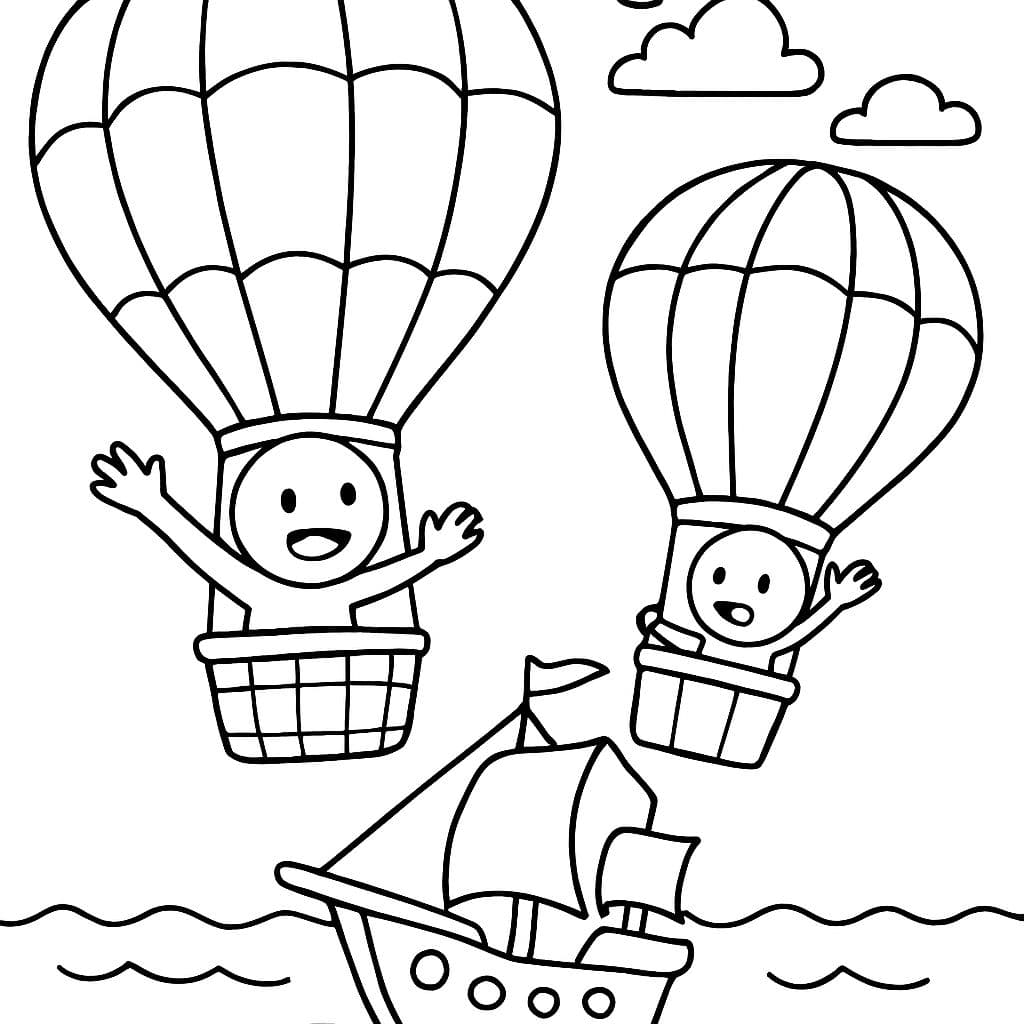 2 ballons à air chaud dans le ciel au-dessus de la mer avec un bateau sans visages