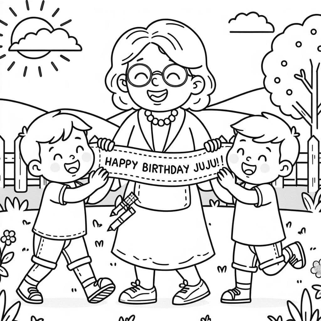 Jüngere Oma mit 2 Enkeln, die sagen: Herzlichen Glückwunsch zum Geburtstag, Juju!