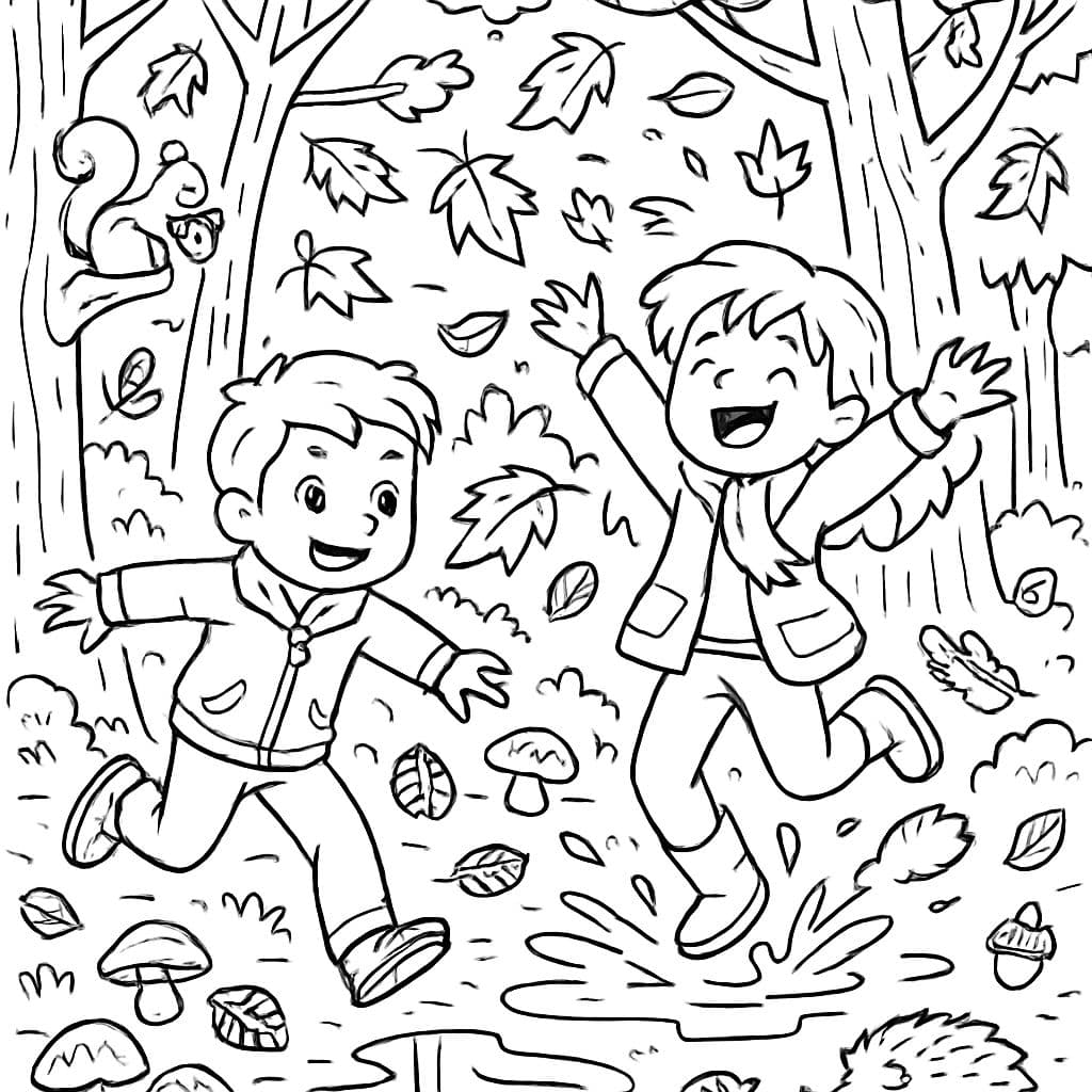 Bosque de otoño con árboles, hojas, setas, piñas, bellotas, niños jugando, ardillas, erizos y charcos.
