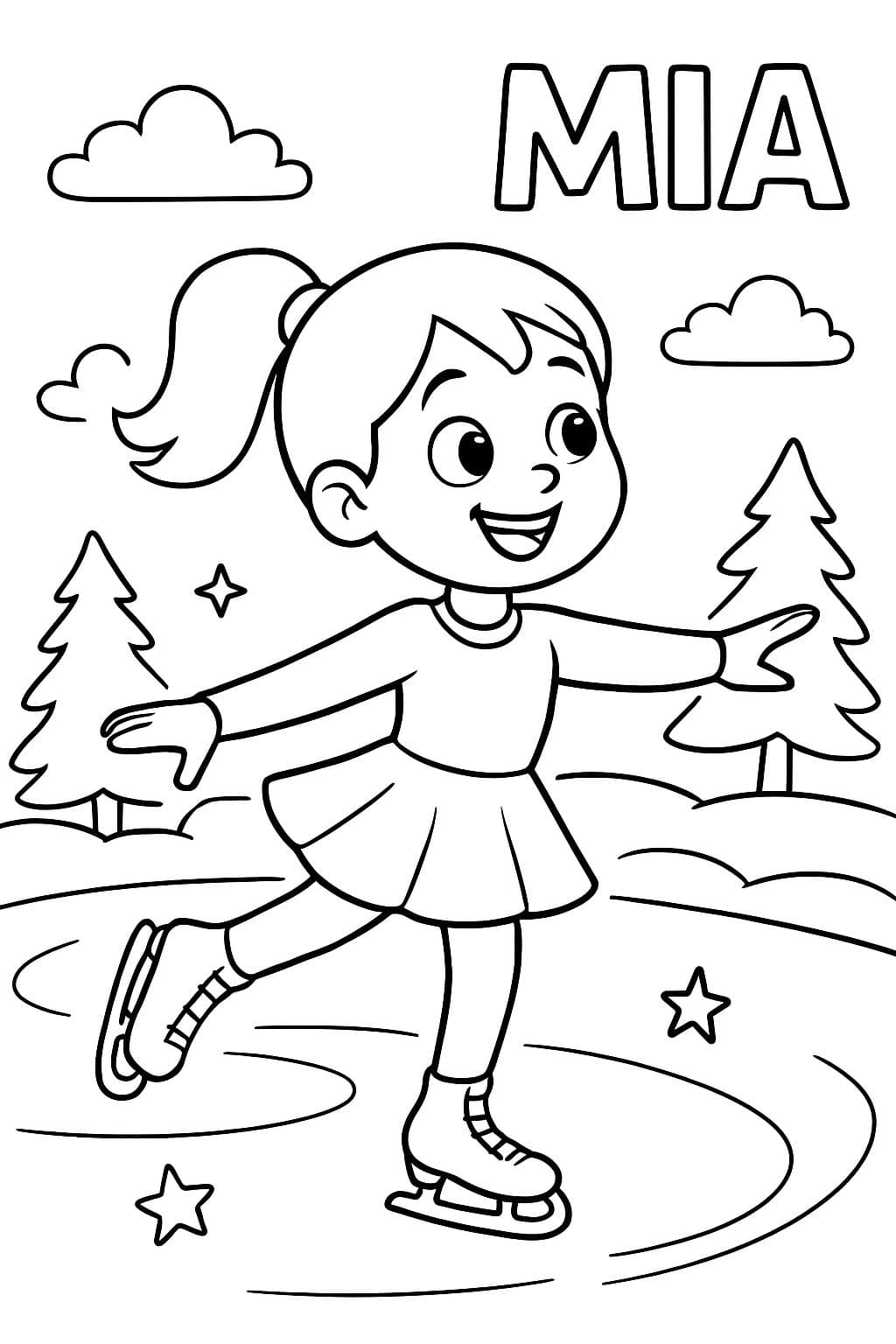 A girl with a pony tail and dress figure skating, the name MIA in the upper right corner.