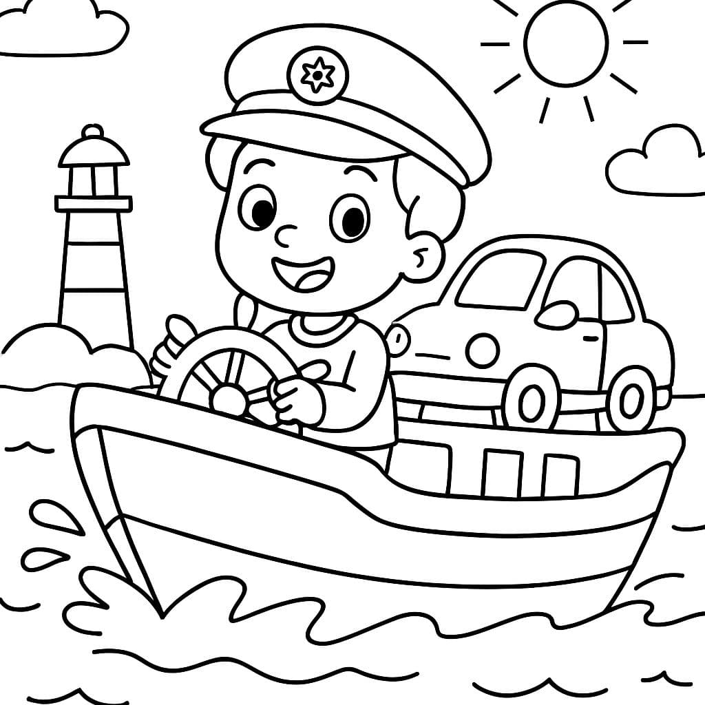 una persona conduciendo un barco transportador de autos.