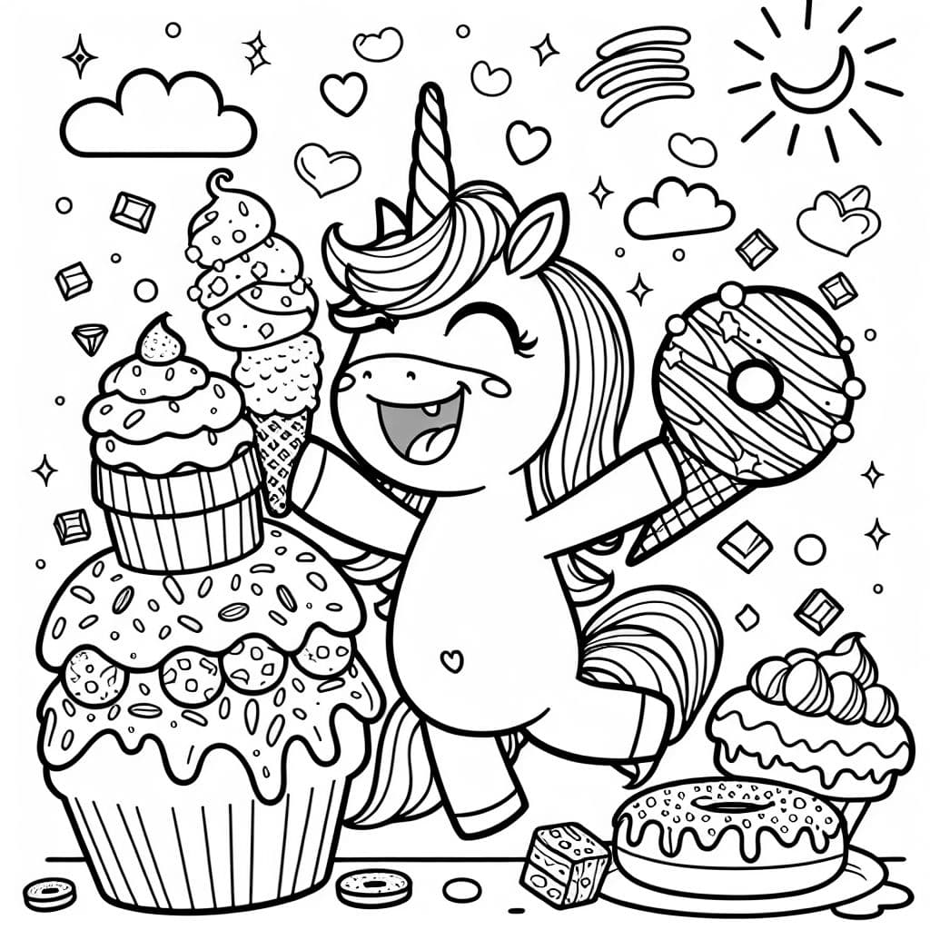 unicorn with ice cream, cupcake and chocolate chips and donuts