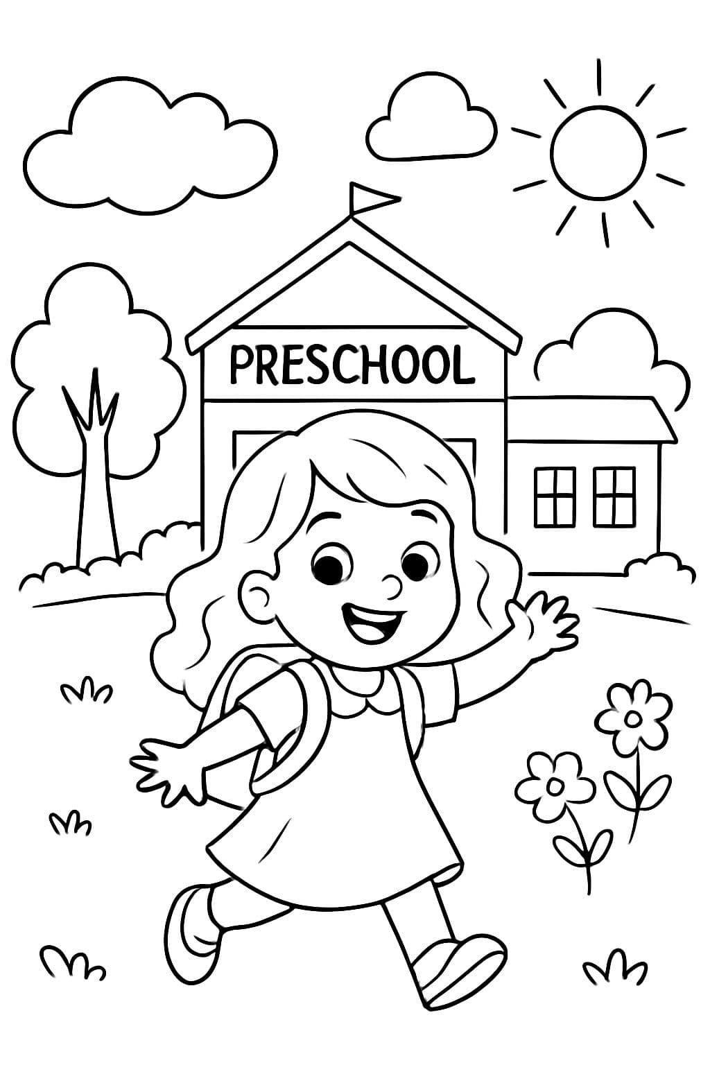 Premier jour de l'école maternelle. Petite fille aux cheveux ondulés, portant une robe.