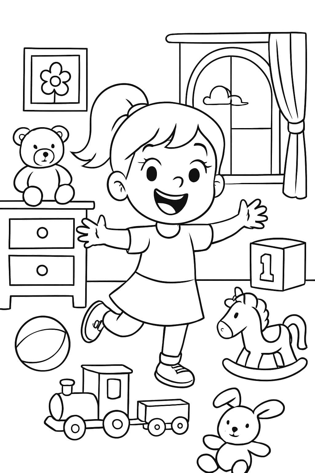 Fille de 6 ans avec une queue de cheval dans sa chambre pleine de jouets