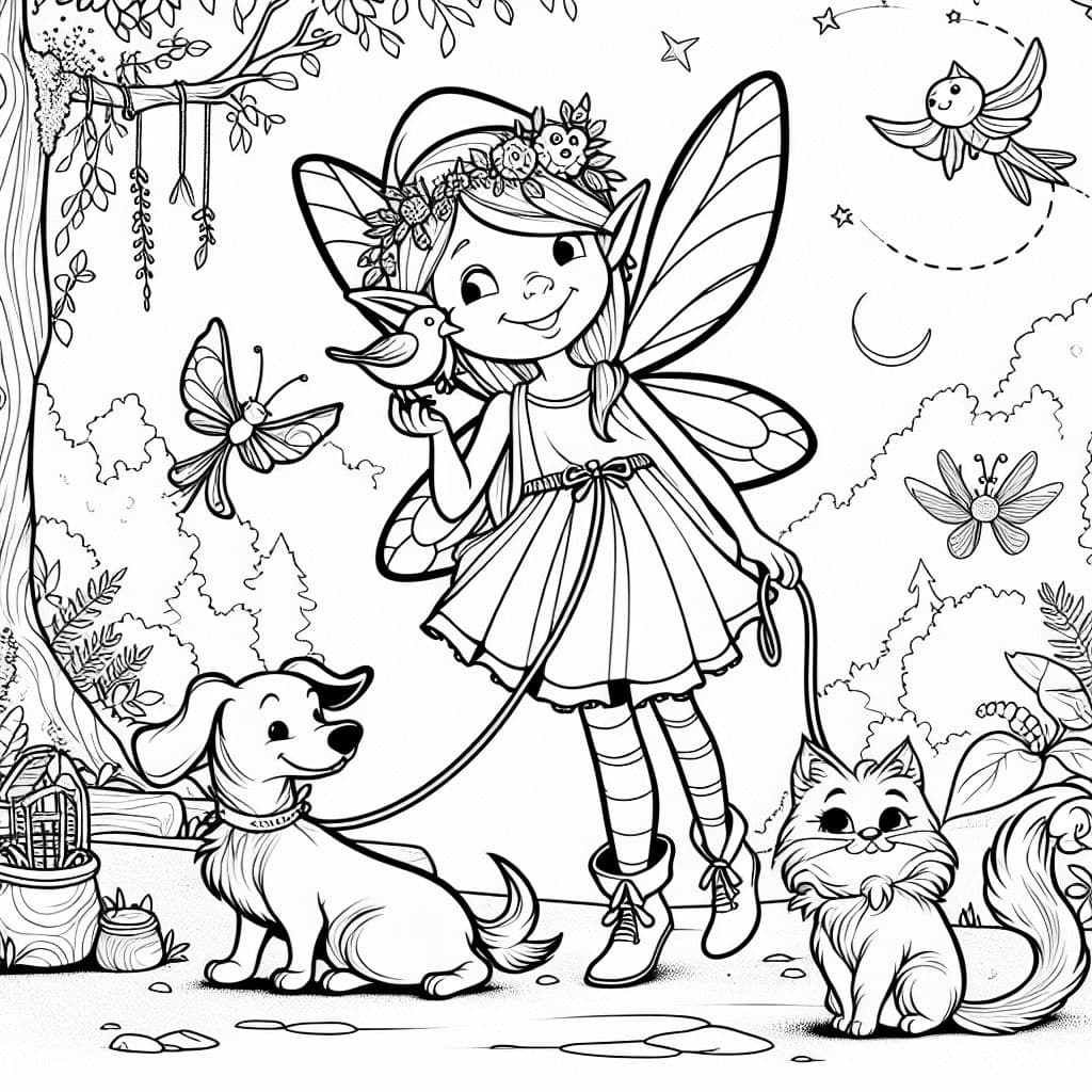 Une fée tenant un oiseau tout en promenant un chien et un chat.