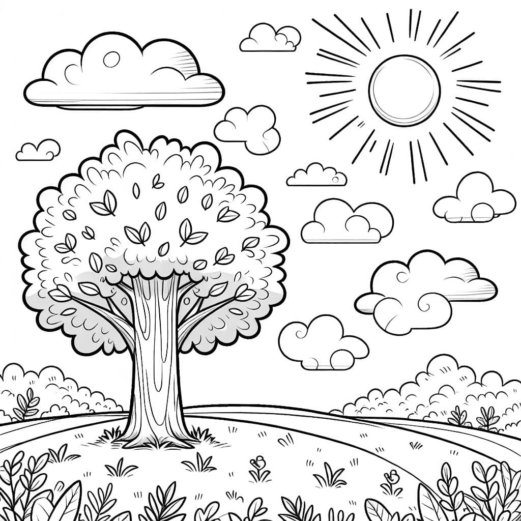 einen Baum auf einer Wiese. An dem Baum hängen nur Blätter. Am Himmel sollen ein paar Wolken sein und die Sonne.