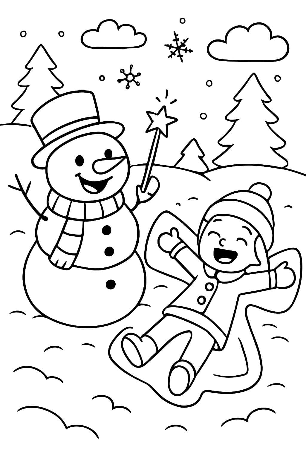 Un muñeco de nieve y un ángel de nieve con una varita de malvavisco y una tarjeta.