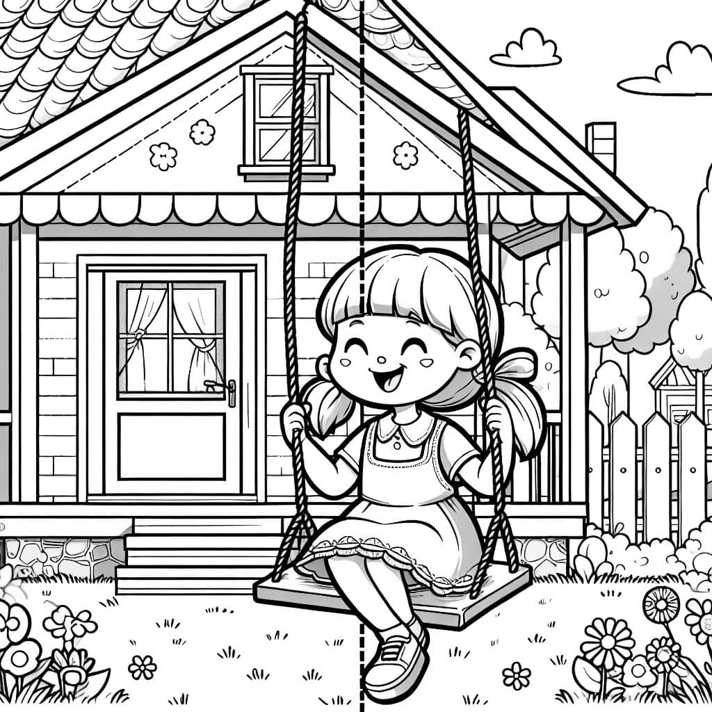 Una niña juega en un columpio frente a una casa