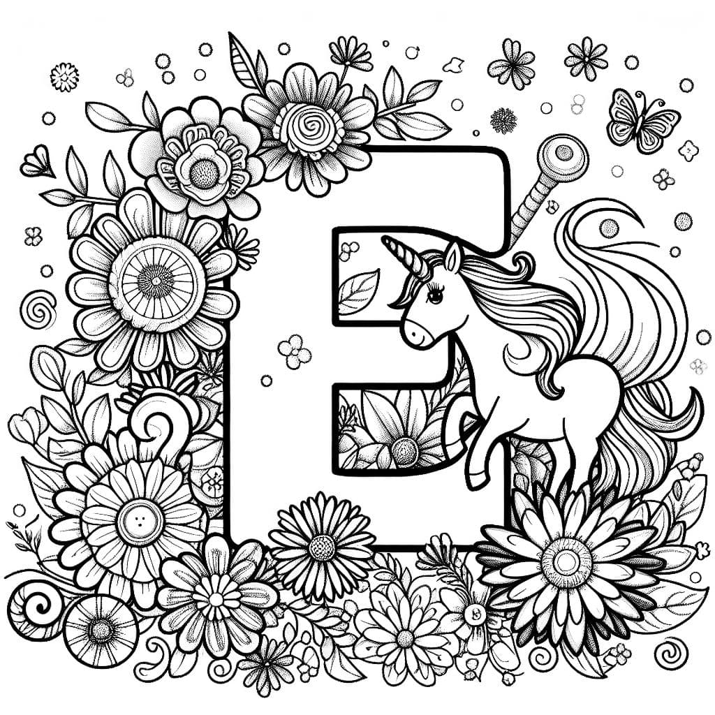 The Letter E surrounded by flowers and a unicorn