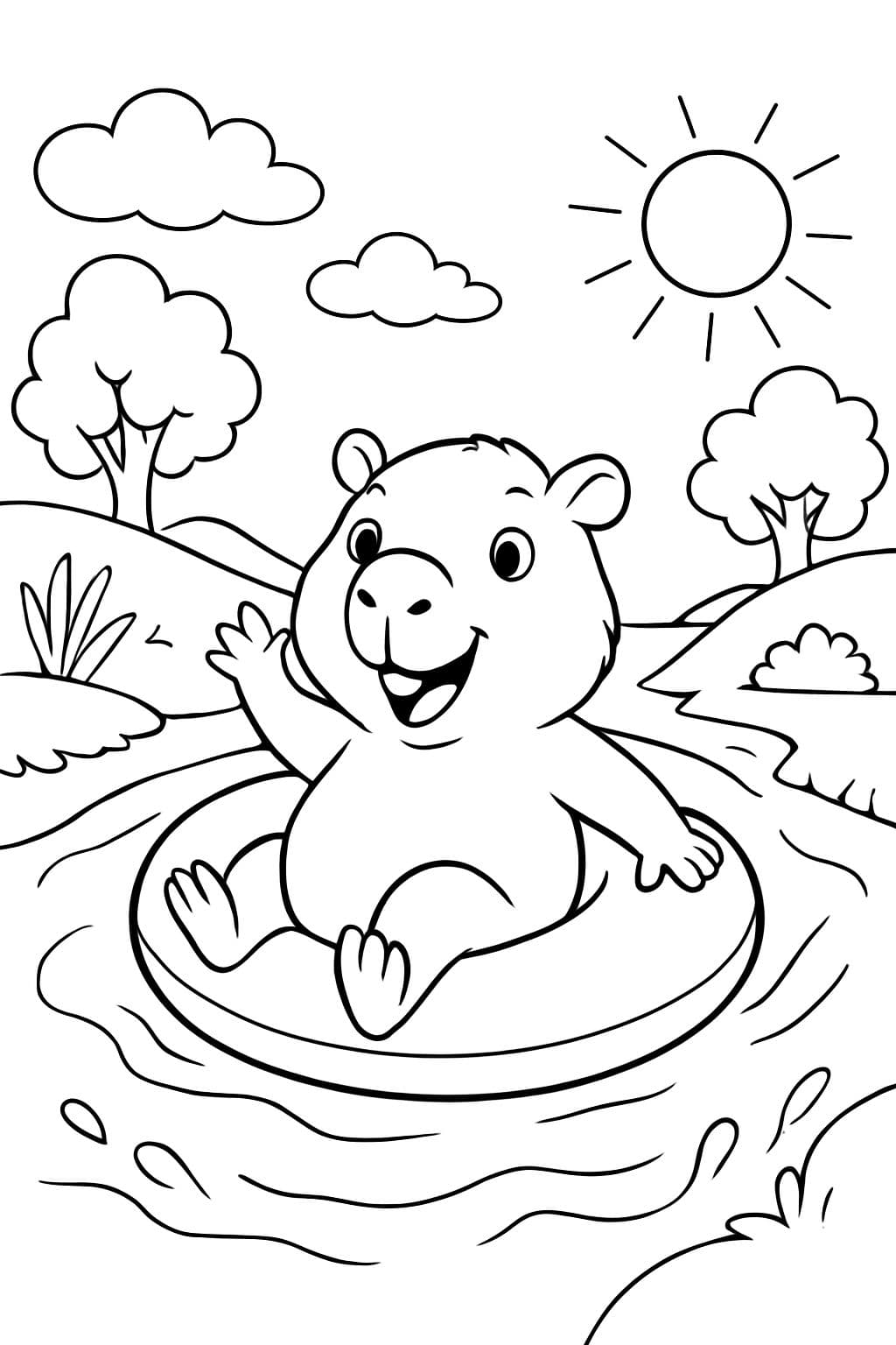 Ein capybara, das in einem Poolreifen einen Fluss hinunter schwimmt.