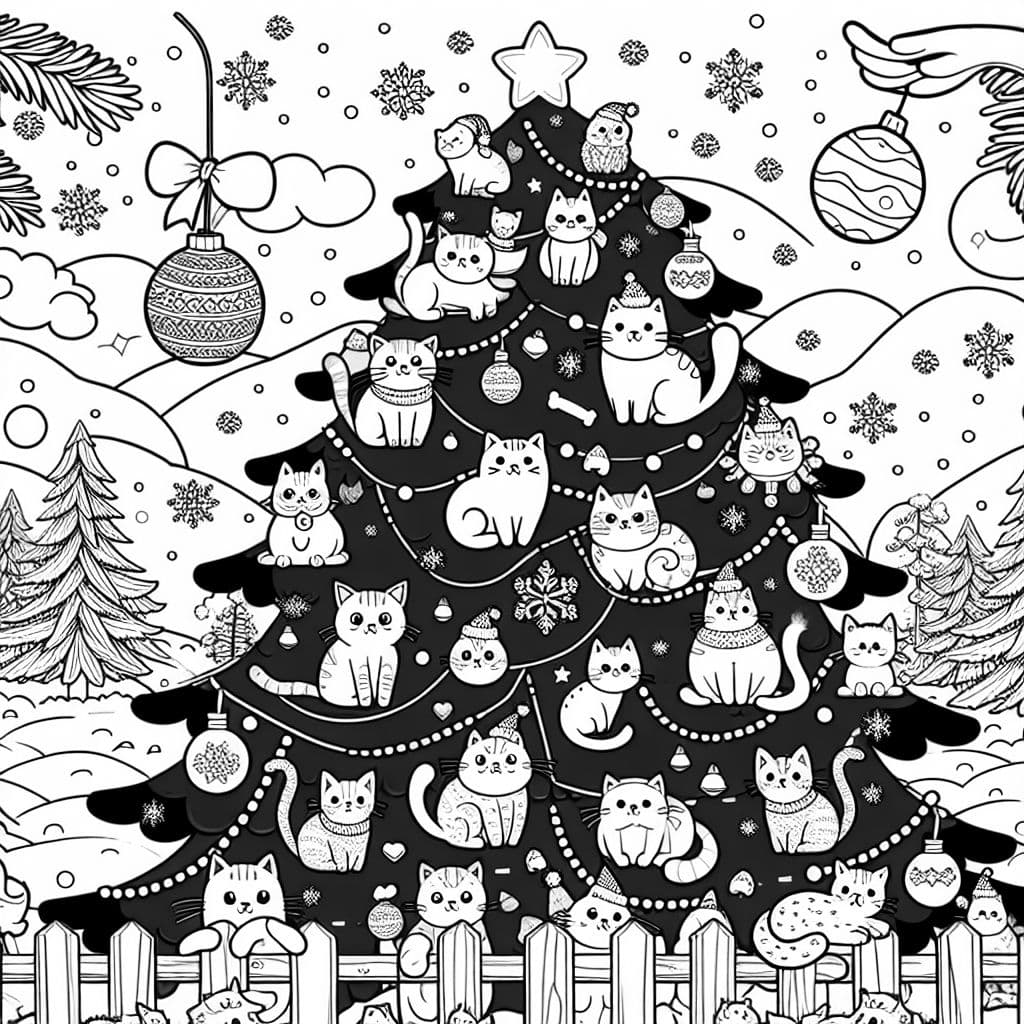 A large Christmas tree decorated with different types of cats