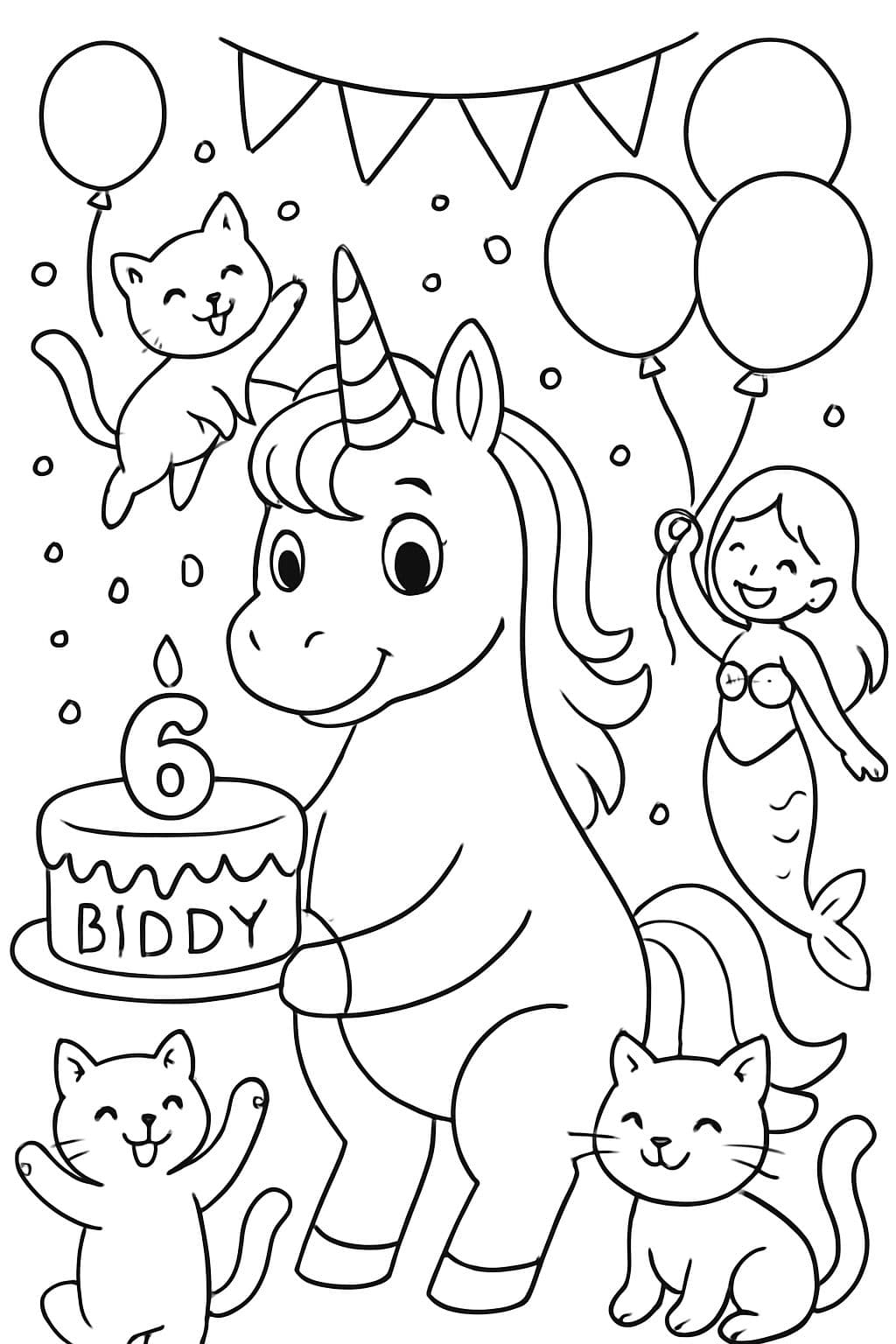 Ein Einhorn, das einen Geburtstagskuchen mit der Zahl 6 und dem Namen Biddy darauf hält. Es ist eine Geburtstagsparty mit Katzen und einer Meerjungfrau mit Ballons.