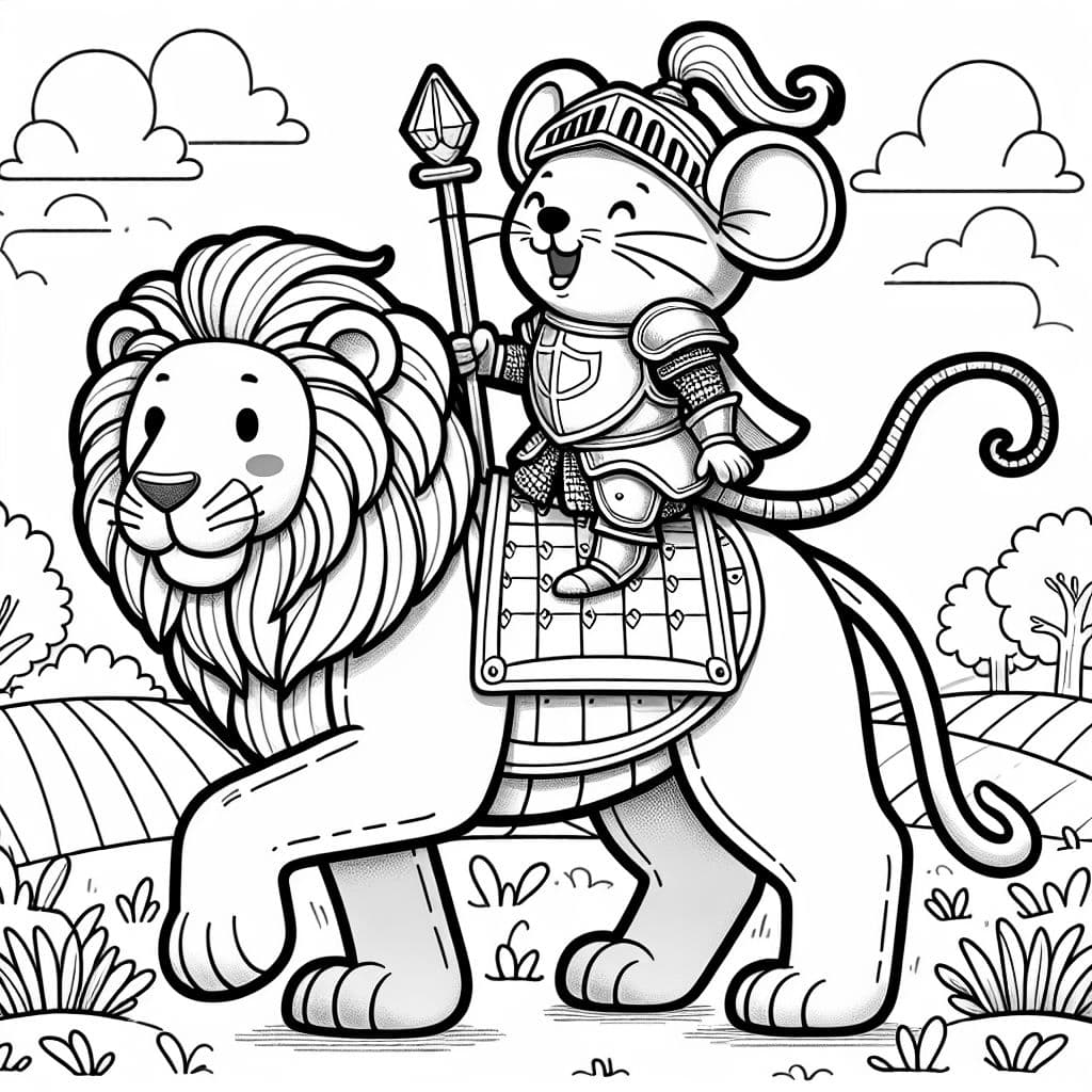 Maus in einer Ritterrüstin auf einem Löwen reitend