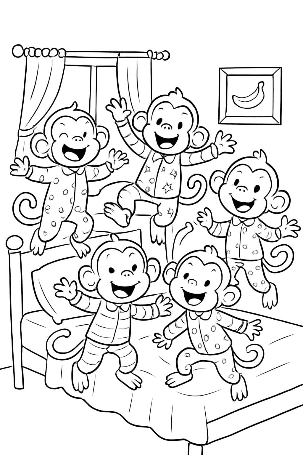 cinq petits singes portant des pyjamas sautent sur le lit