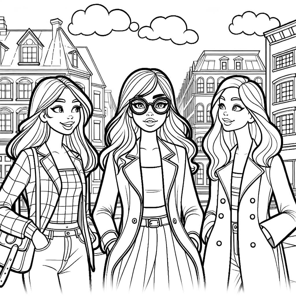 3 mujeres jóvenes pasean por la ciudad y charlan. 2 mujeres con cabello largo castaño, una con cabello rubio a la altura de los hombros y grandes gafas