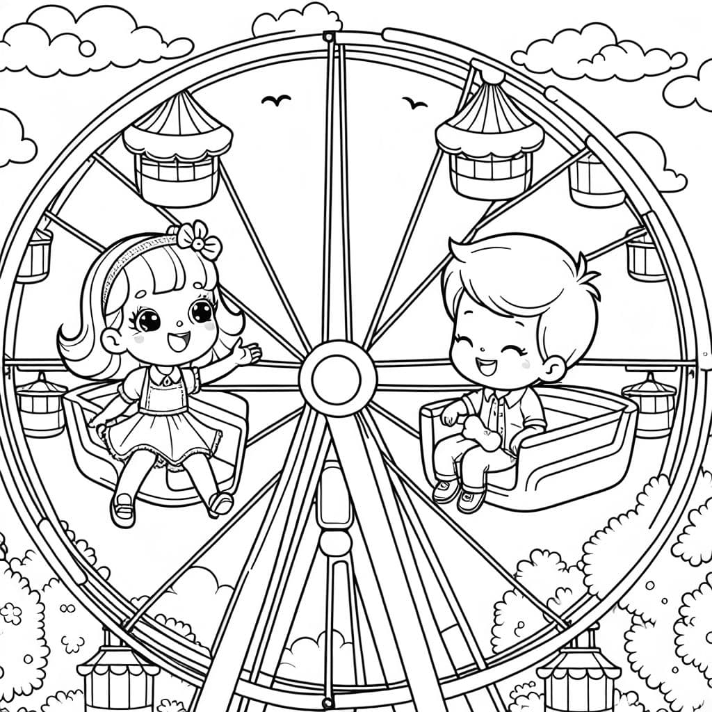 Eine Kirmes. Ein Mädchen und ein Junge auf einem Riesenrad.
