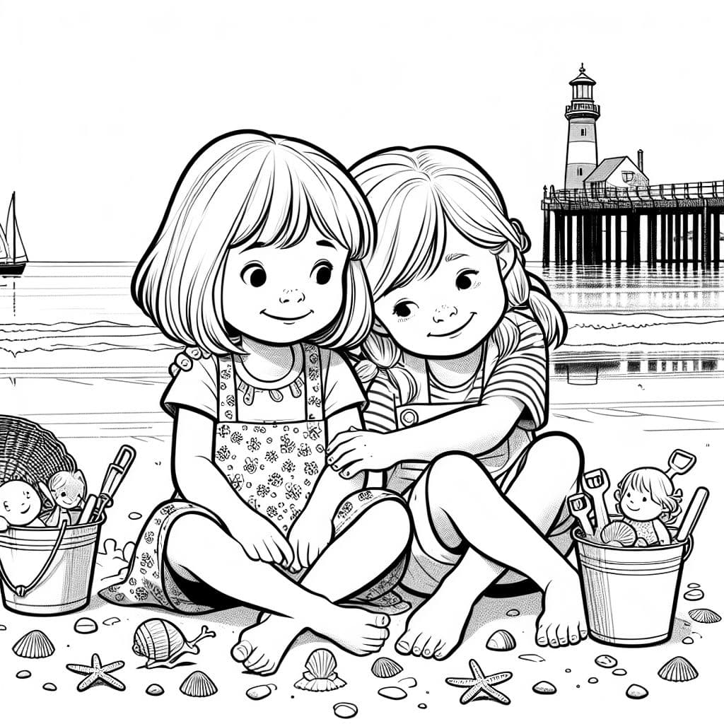 Fille blonde de neuf ans et fille blonde de quatre ans se câlinent sur la plage de la mer du Nord