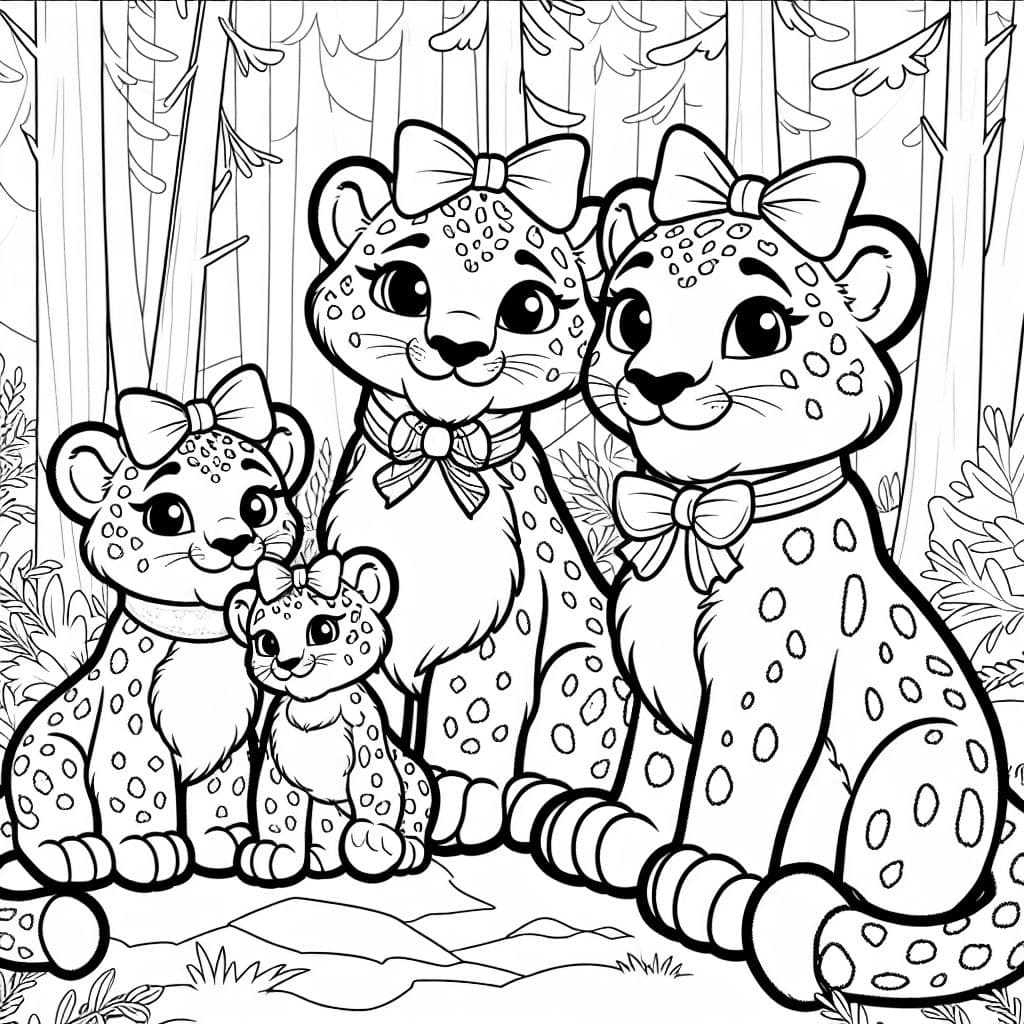 Familia de leopardos de las nieves mamá papá y 2 hijas con un lazo en la cabeza en el bosque sin ropa