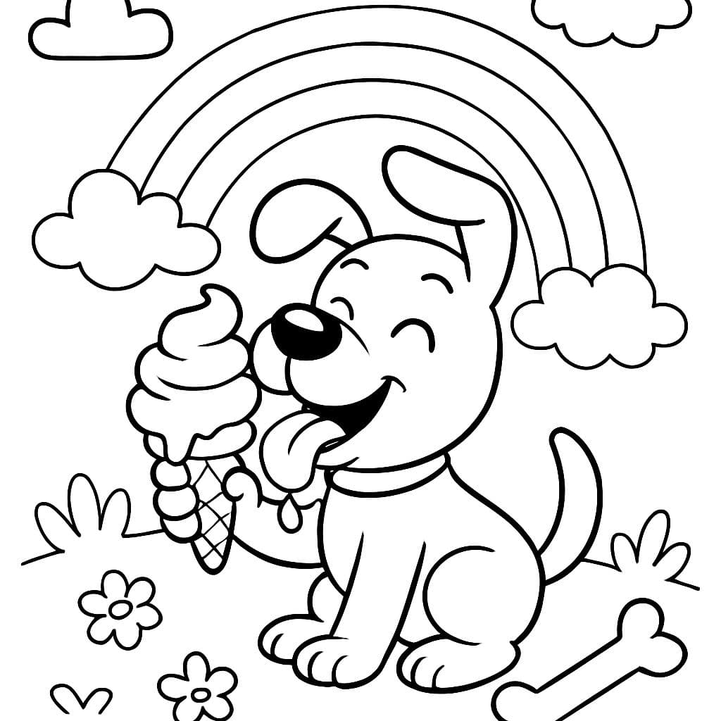 Lustiger Hund, der Eiscreme isst, schwarzer Knochen und Regenbogen