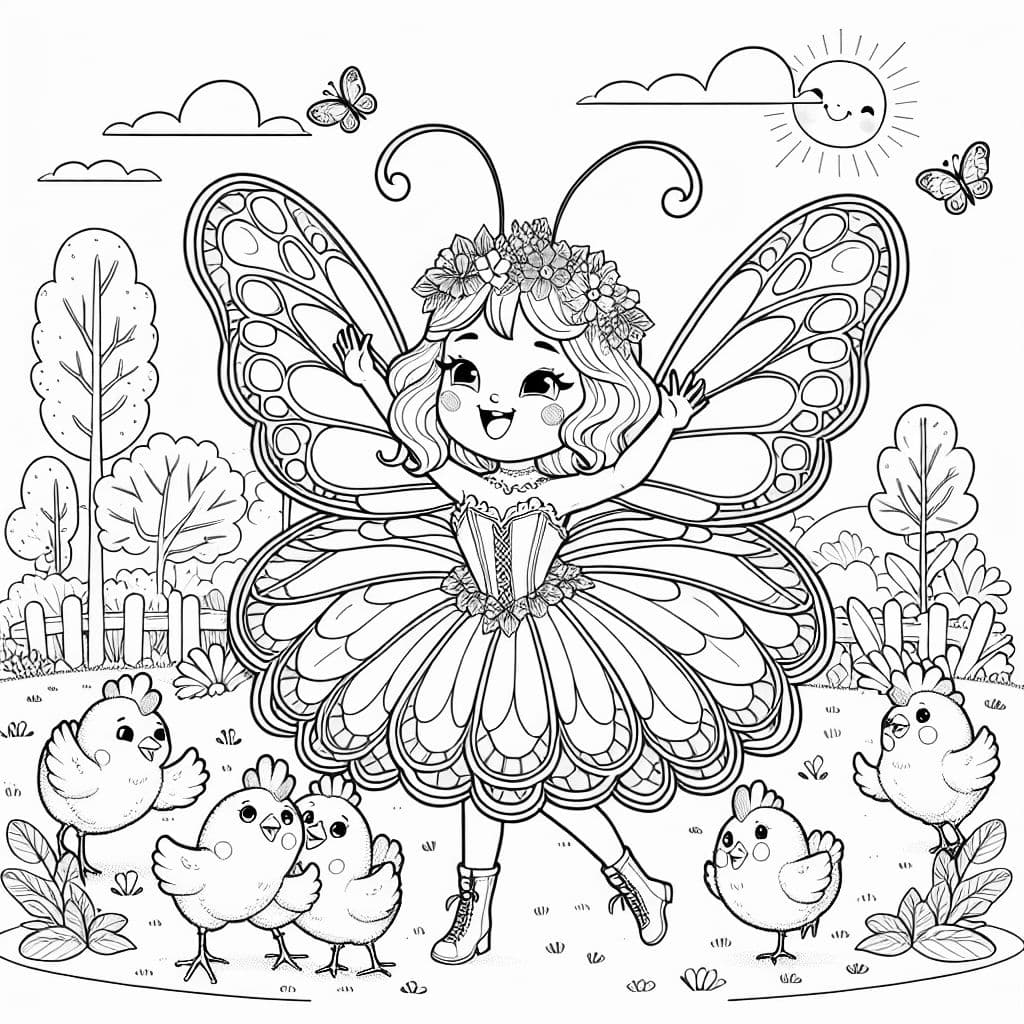 Une jeune fille en costume de papillon entourée de poules.