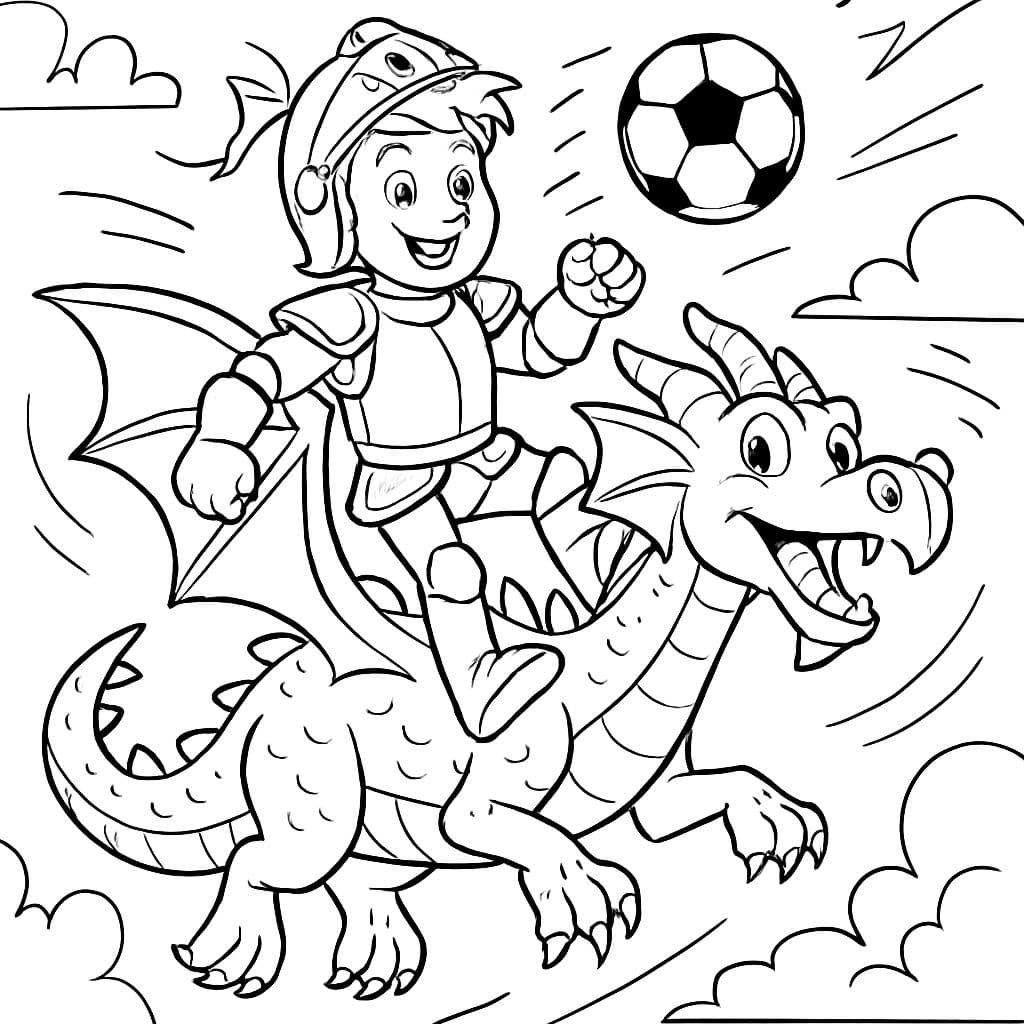 Un garçon assis sur un dragon en costume de chevalier jouant au football