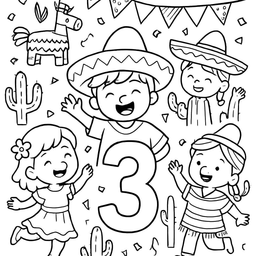 Página para colorear con tema de fiesta para un cumpleaños de 3 años