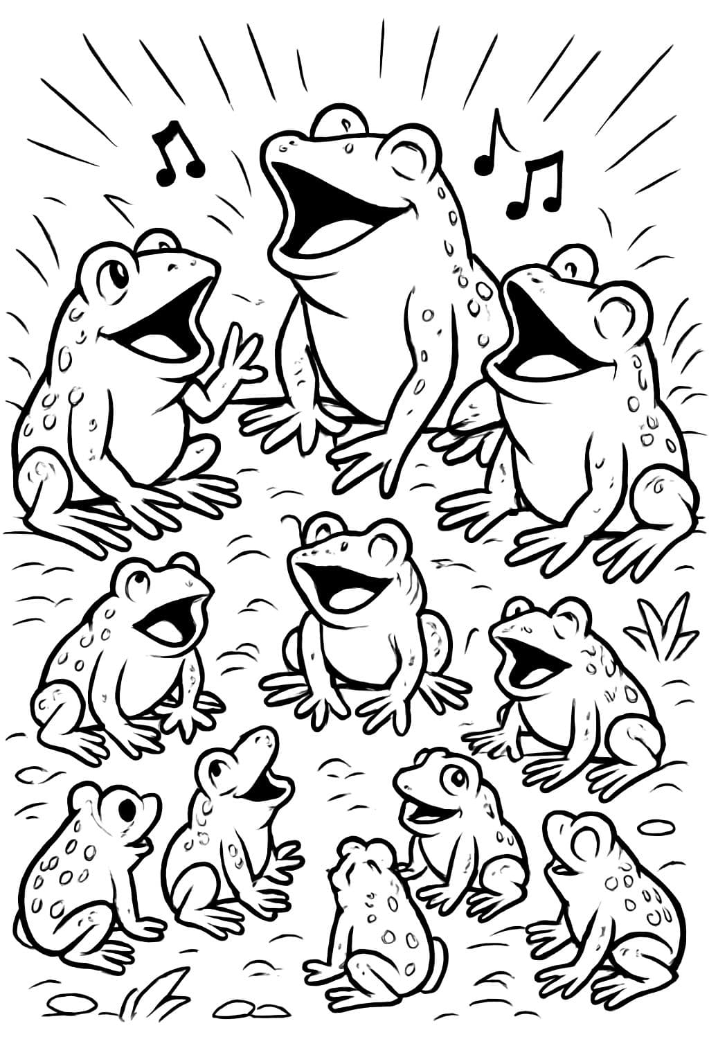 12 grenouilles. 9 d'entre elles sont petites, 3 sont grandes. Elles sont toutes assises en cercle sur le sol et chantent.